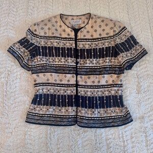 Papell petite Beaded Silk Cocktail Blazer Short Sleeve Medium black and cream